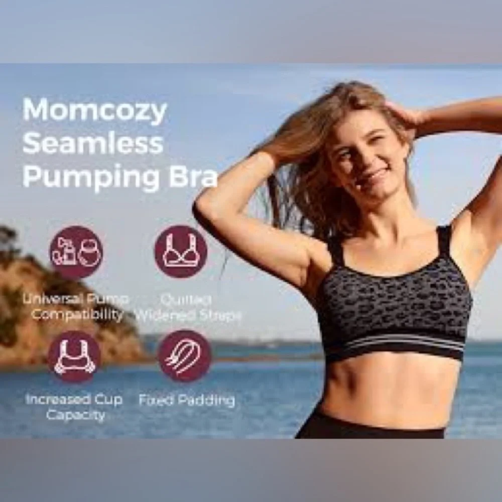 Momcozy black gray leopard 4-in-1 Hands Free Seamless Stretch Pumping Bra, M.